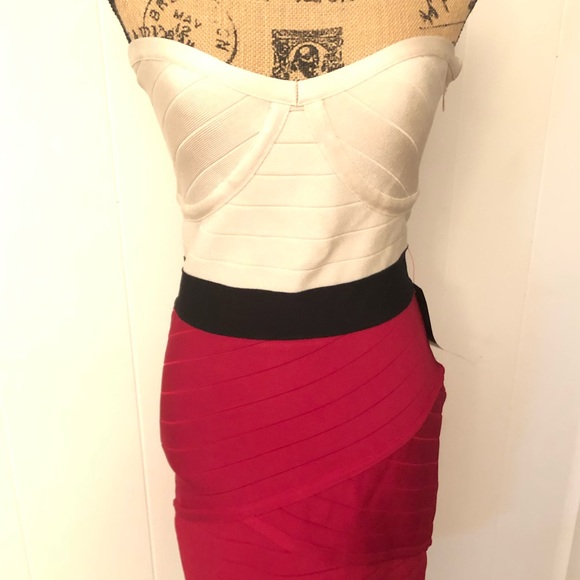 NWT Cream/fuschia Bandage BEBE Dress - Picture 1 of 8